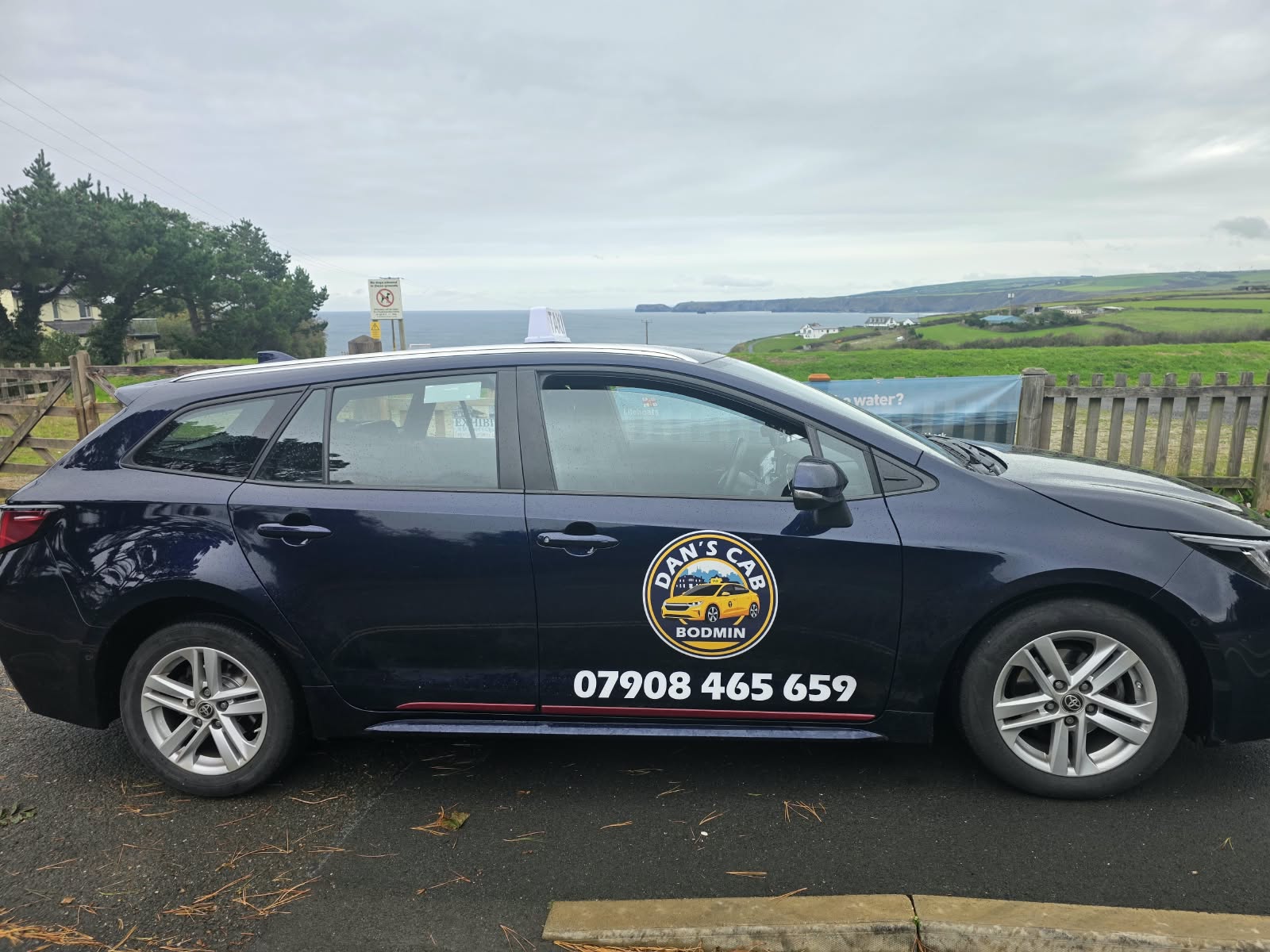 White taxi car parked on coastal road, grassy hills and ocean under cloudy sky in background.